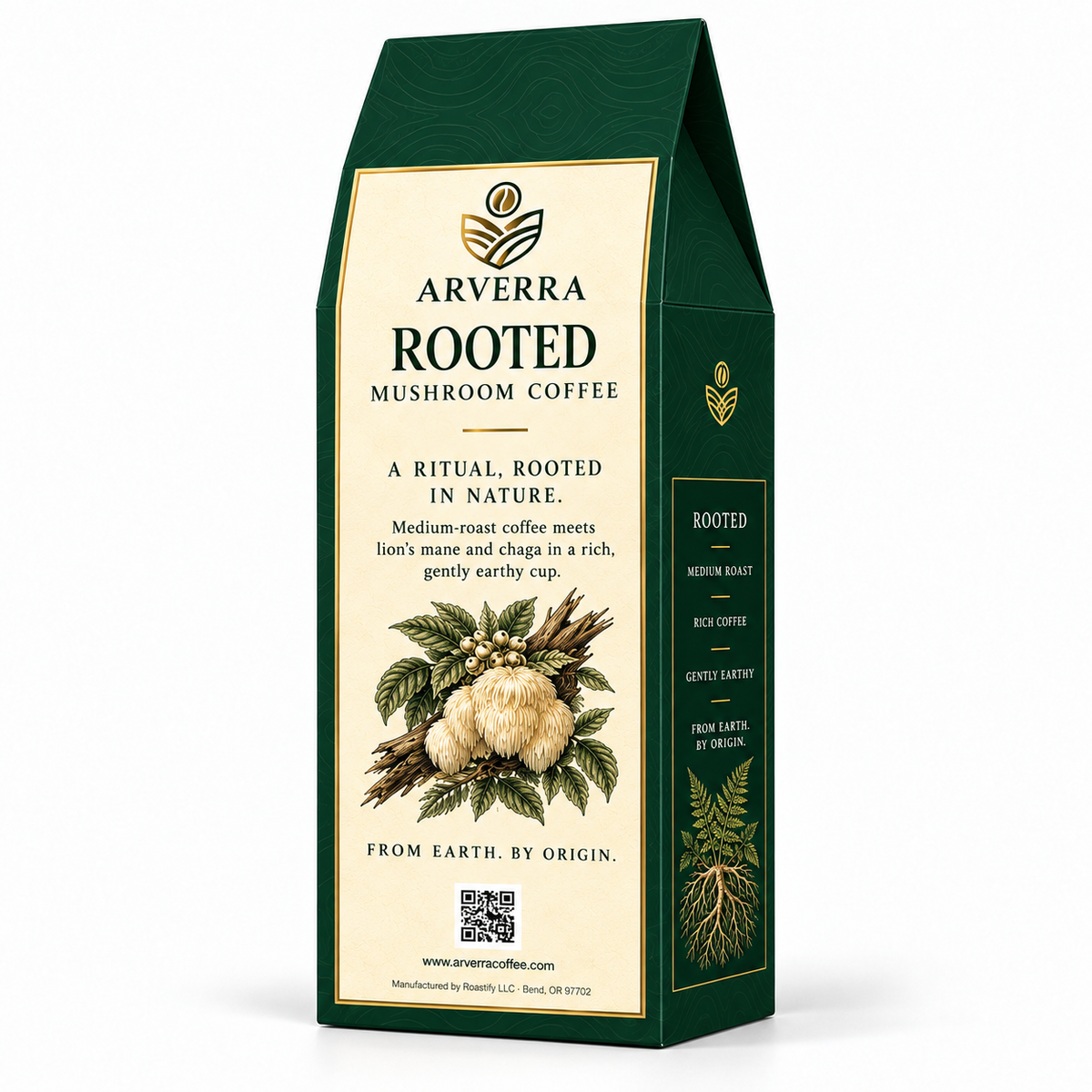 ARVERRA ROOTED mushroom coffee back of the box with mushroom illustration and QR code