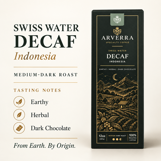 ARVERRA Swiss Water Decaf coffee packaging and tasting notes of earthy, herbal and dark chocolate