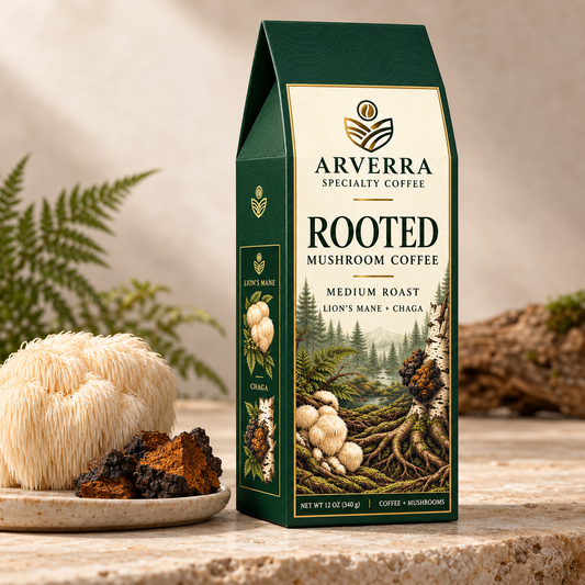 ARVERRA ROOTED mushroom coffee box beside lion's mane and chaga mushrooms