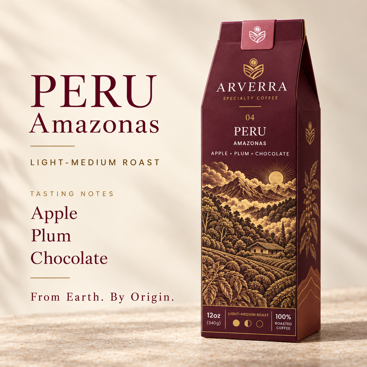 ARVERRA Origin 04 Peru Amazonas coffee packaging and tasting notes of apple, plum and chocolate