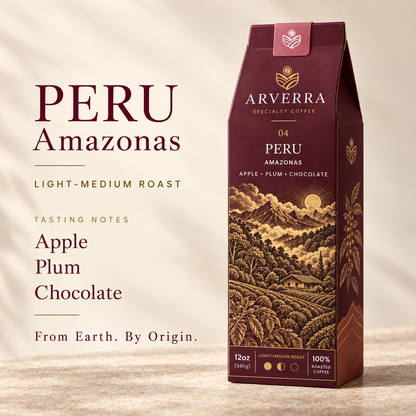ARVERRA Origin 04 Peru Amazonas coffee packaging and tasting notes of apple, plum and chocolate
