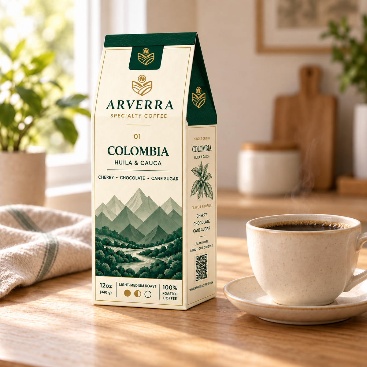 ARVERRA Origin 01 Colombia coffee 12 oz box beside a cup of coffee