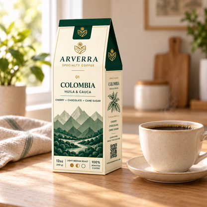ARVERRA Origin 01 Colombia coffee 12 oz box beside a cup of coffee