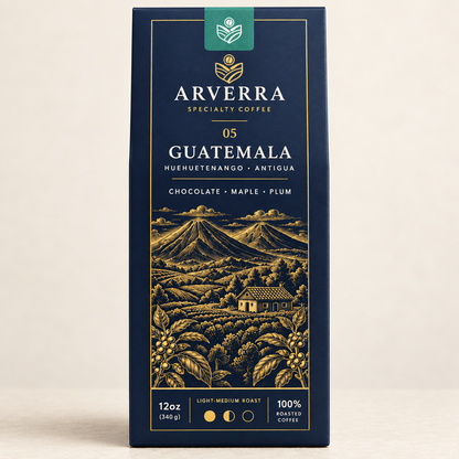 ARVERRA Origin 05 Guatemala coffee close-up of the Guatemala label and landscape artwork