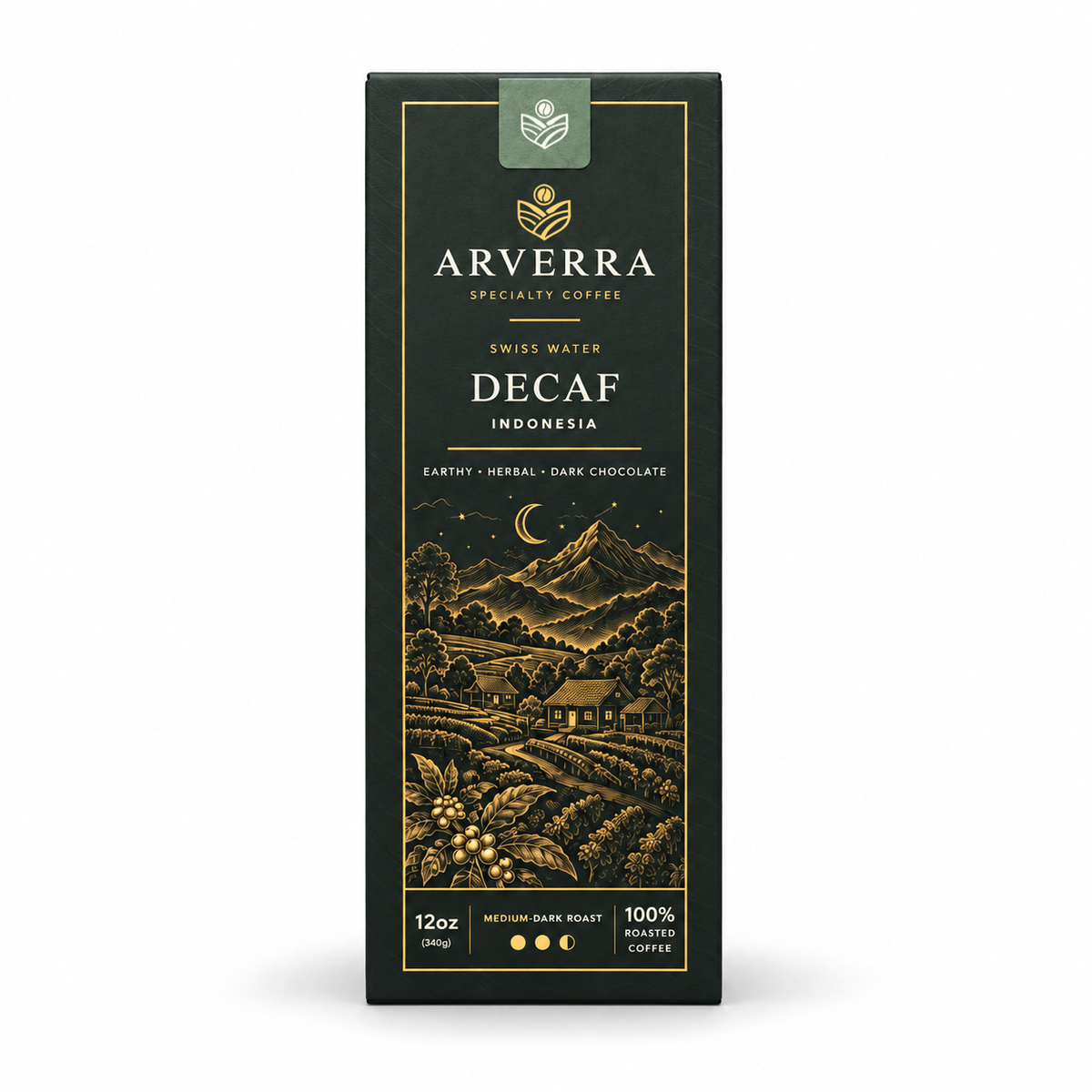 ARVERRA Swiss Water Decaf coffee 12 oz medium-dark roast box on a white background