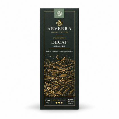 ARVERRA Swiss Water Decaf coffee 12 oz medium-dark roast box on a white background