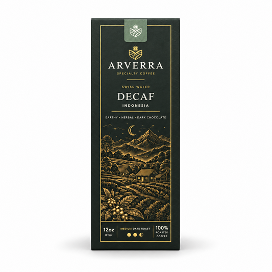 ARVERRA Swiss Water Decaf coffee 12 oz medium-dark roast box on a white background