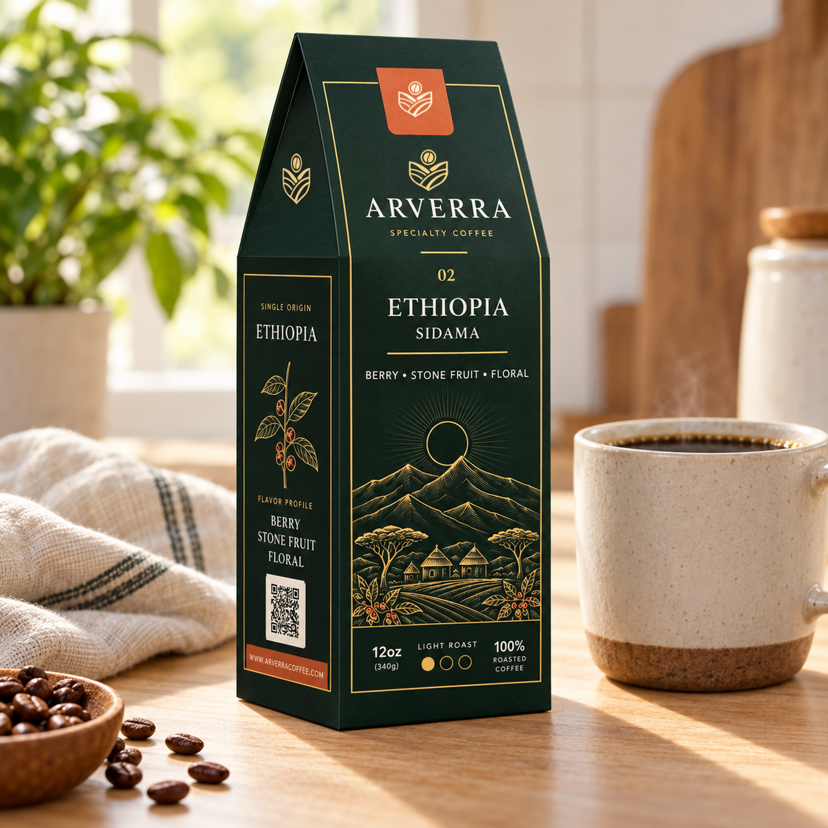 ARVERRA Origin 02 Ethiopia Sidama coffee box beside a mug on a wooden counter