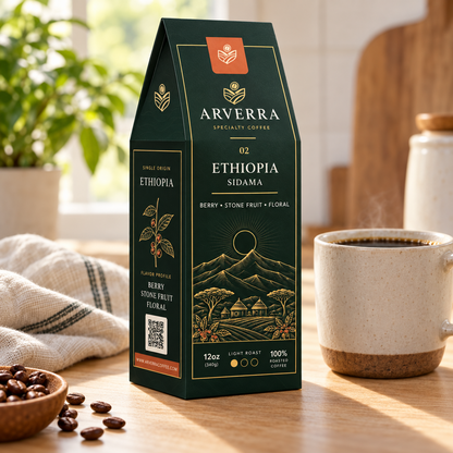 ARVERRA Origin 02 Ethiopia Sidama coffee box beside a mug on a wooden counter