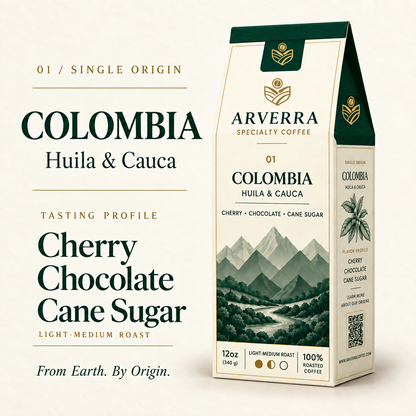 ARVERRA Origin 01 Colombia coffee packaging and tasting notes of cherry, chocolate and cane sugar