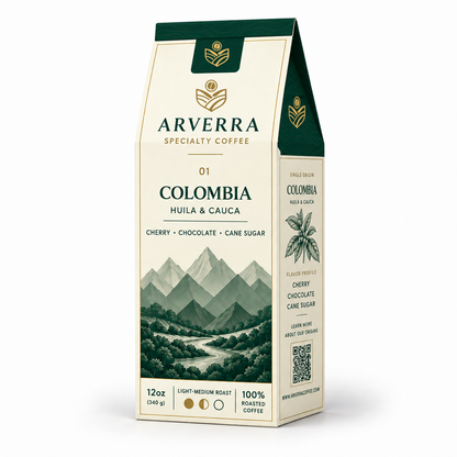 ARVERRA Origin 01 Colombia coffee 12 oz light-medium roast box on a white background