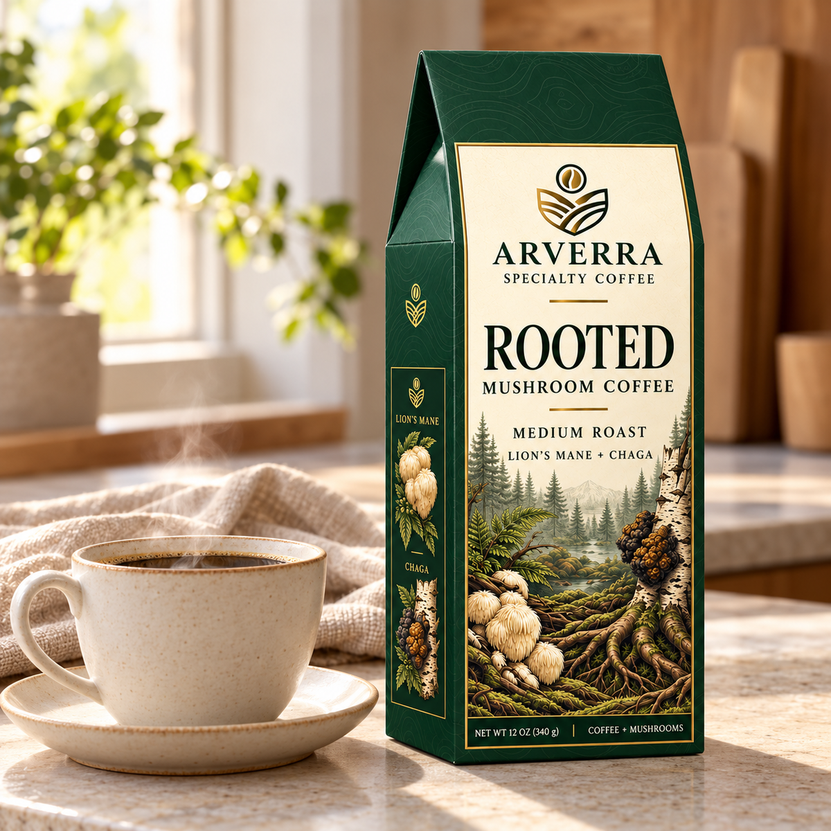 ARVERRA ROOTED mushroom coffee box beside a cup on a wooden counter