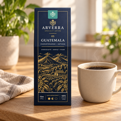 ARVERRA Origin 05 Guatemala coffee box beside a cup on a wooden counter
