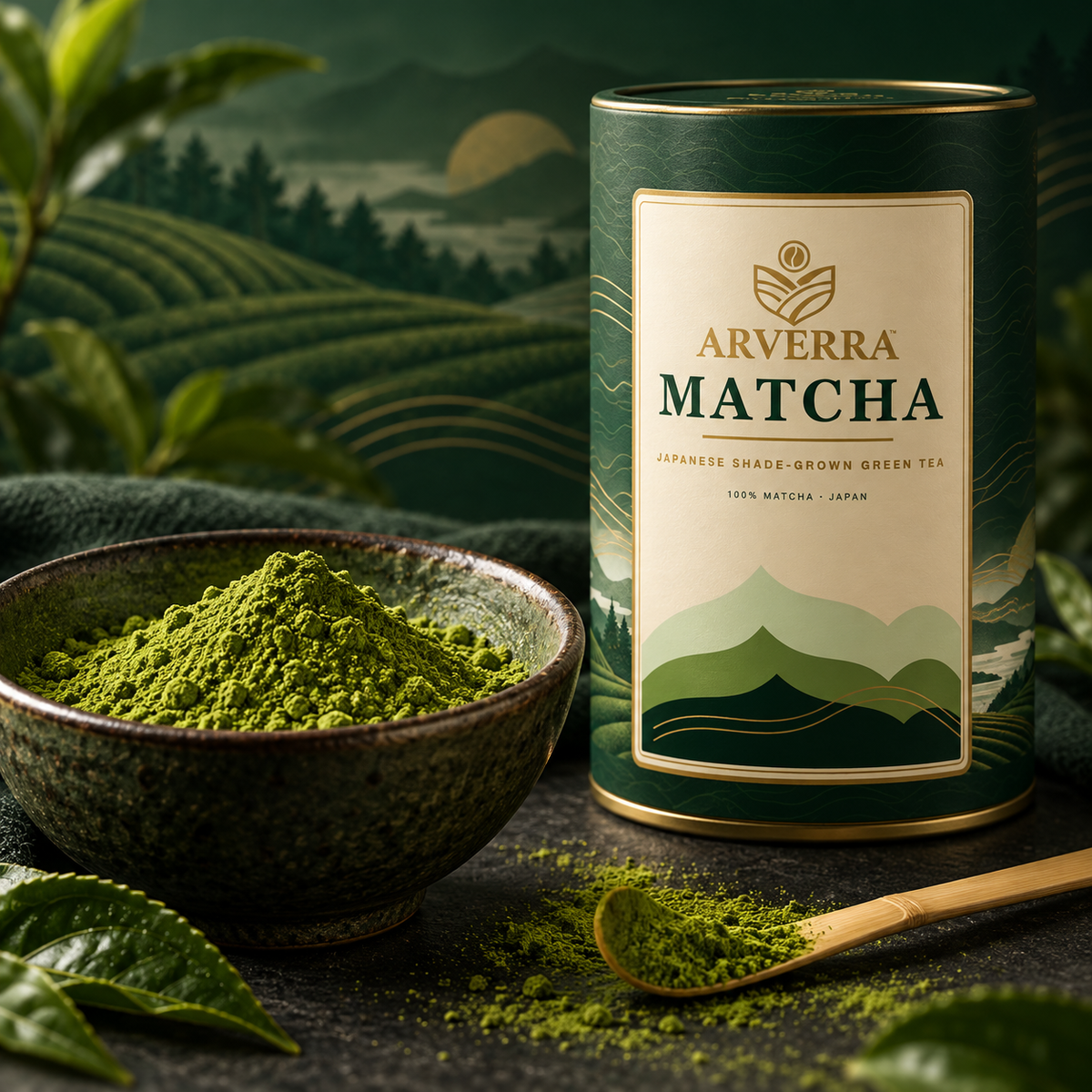 ARVERRA ceremonial Japanese matcha tin and green tea powder against a tea-field backdrop