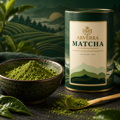 ARVERRA ceremonial Japanese matcha tin and green tea powder against a tea-field backdrop
