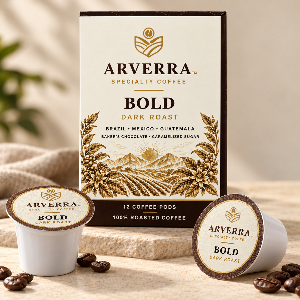ARVERRA BOLD dark roast coffee pods close-up of the box and branded pod lids