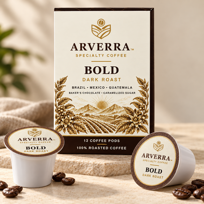 ARVERRA BOLD dark roast coffee pods close-up of the box and branded pod lids