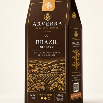 ARVERRA Origin 03 Brazil Cerrado coffee close-up of the Cerrado label and landscape artwork