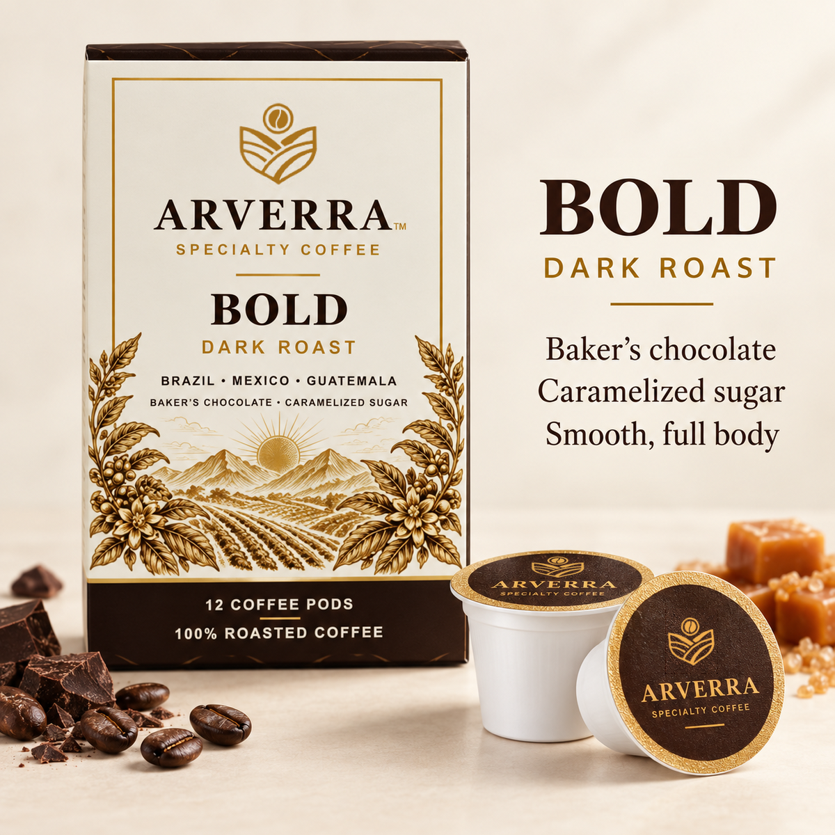 ARVERRA BOLD dark roast coffee pods box and pods with baker's chocolate and caramelized sugar tasting notes