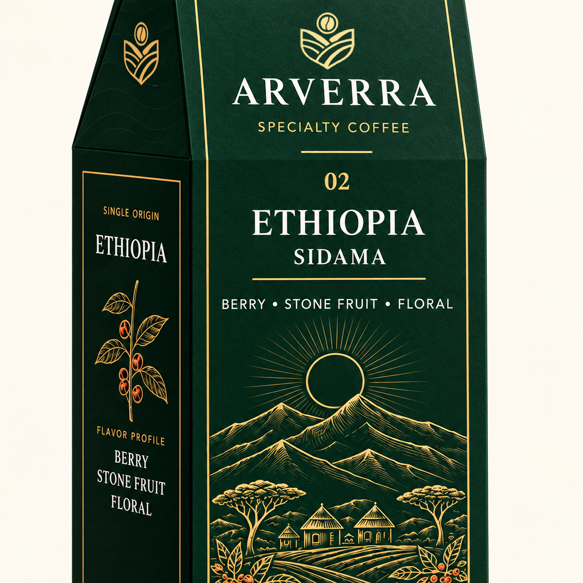 ARVERRA Origin 02 Ethiopia Sidama coffee close-up of the Sidama label and landscape artwork