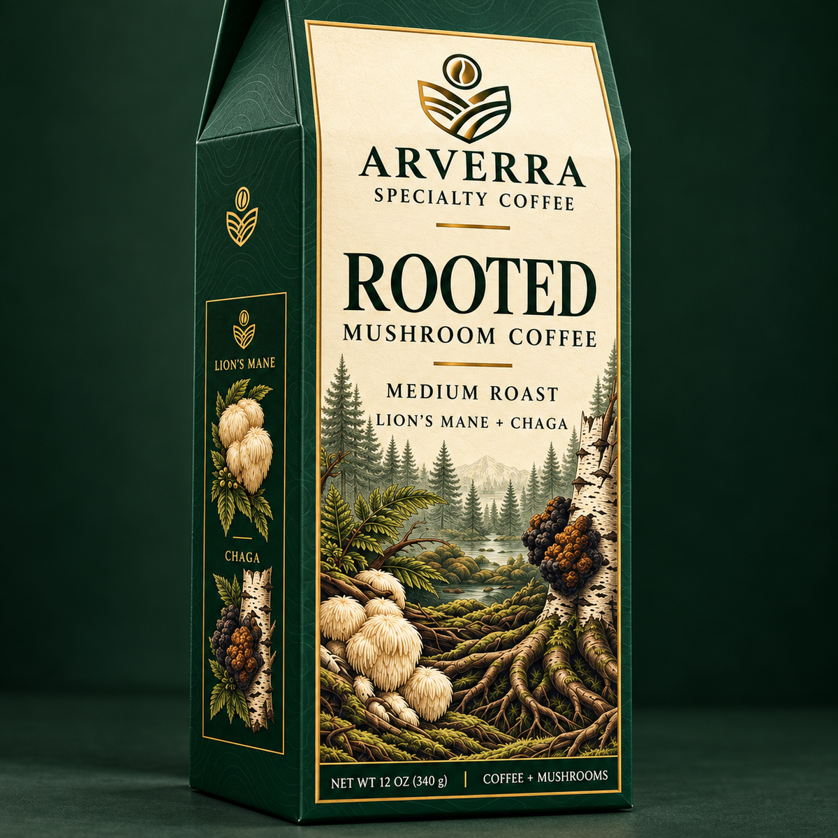 ARVERRA ROOTED mushroom coffee close-up of the ROOTED label and forest artwork