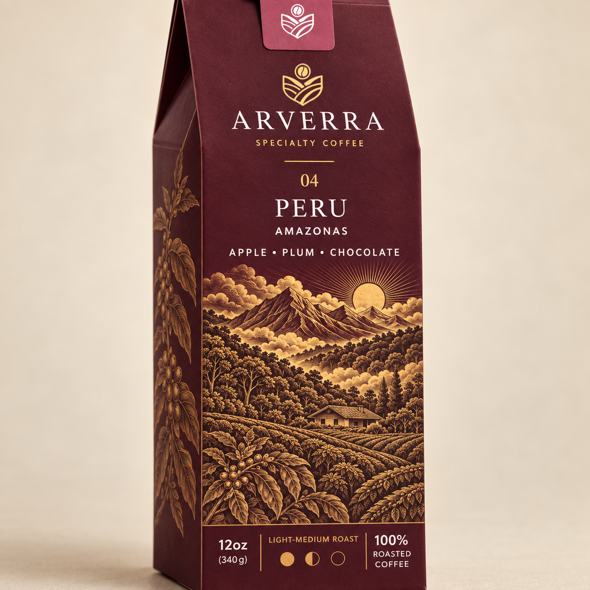 ARVERRA Origin 04 Peru Amazonas coffee close-up of the Amazonas label and landscape artwork