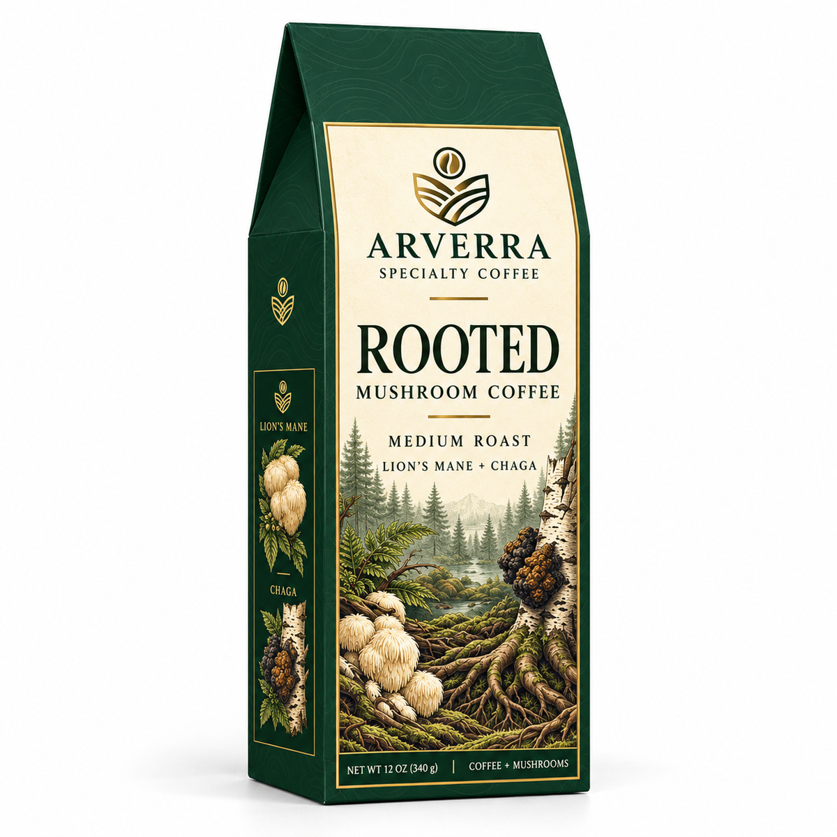ARVERRA ROOTED mushroom coffee 12 oz medium roast box with forest and mushroom artwork