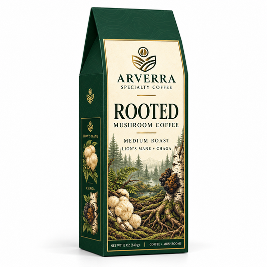 ARVERRA ROOTED mushroom coffee 12 oz medium roast box with forest and mushroom artwork