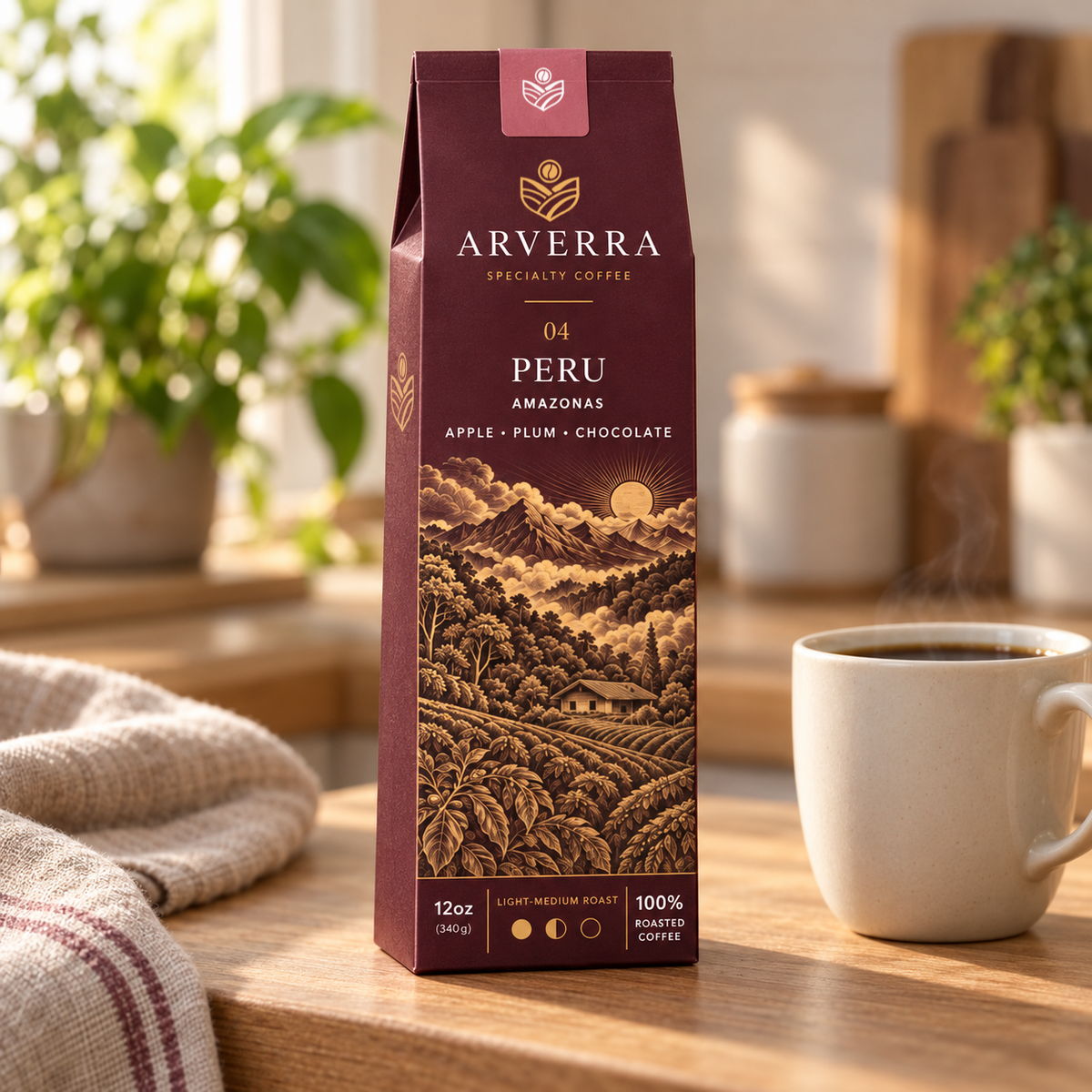 ARVERRA Origin 04 Peru Amazonas coffee box beside a cup on a wooden counter