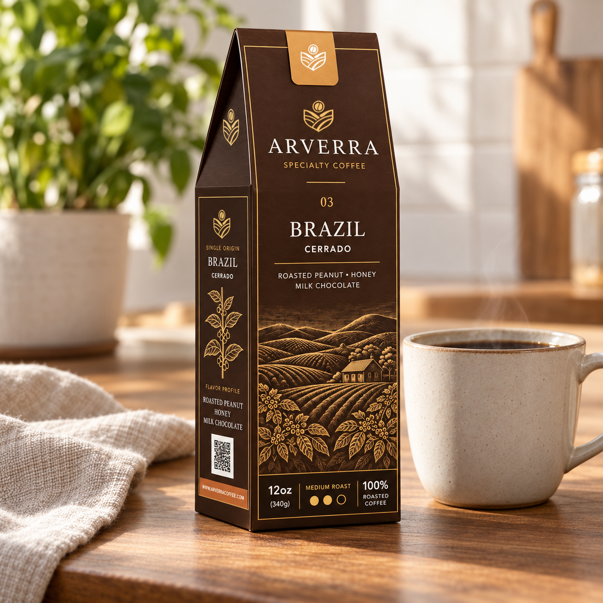 ARVERRA Origin 03 Brazil Cerrado coffee box beside a cup on a wooden counter