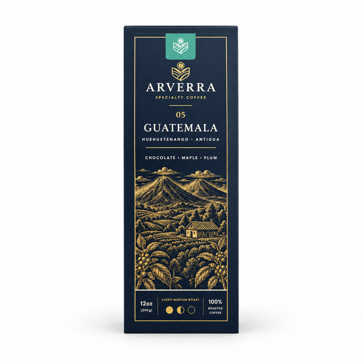 ARVERRA Origin 05 Guatemala coffee 12 oz light-medium roast box on a white background