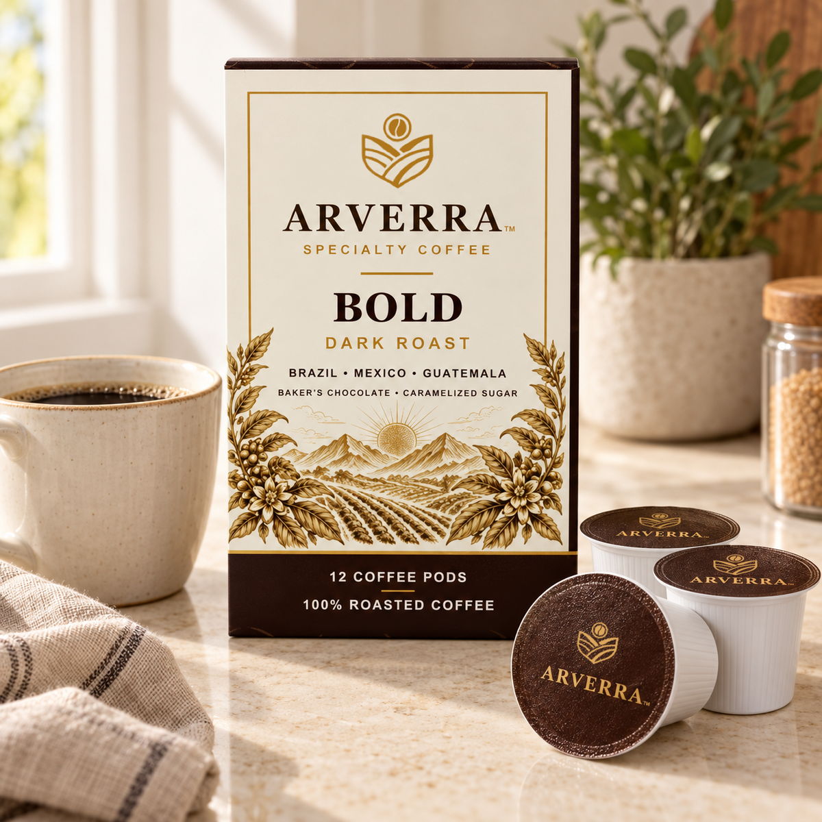 ARVERRA BOLD dark roast coffee pods box and pods beside a mug on a counter
