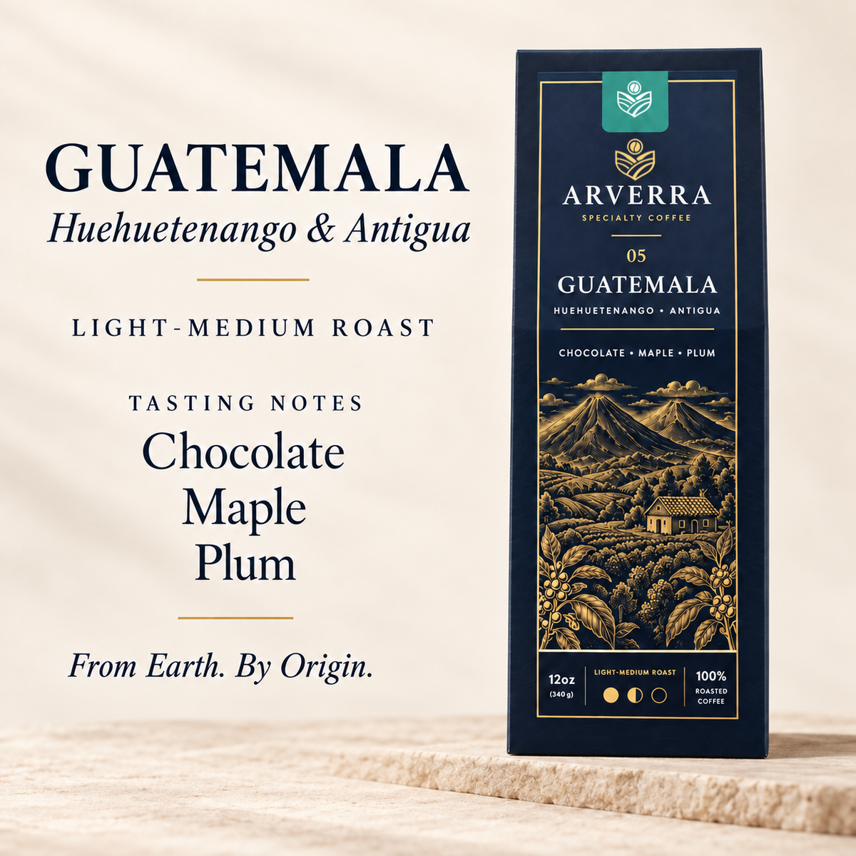 ARVERRA Origin 05 Guatemala coffee packaging and tasting notes of chocolate, maple and plum