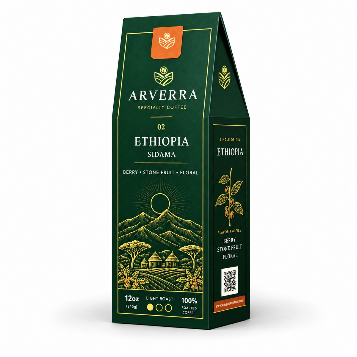 ARVERRA Origin 02 Ethiopia Sidama coffee 12 oz light roast box on a white background