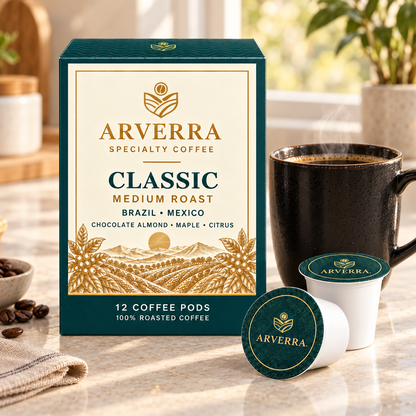 ARVERRA CLASSIC medium roast coffee pods box and pods beside a cup of coffee
