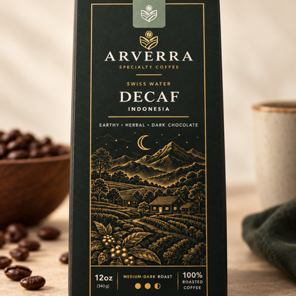 ARVERRA Swiss Water Decaf coffee close-up of the decaf label and landscape artwork