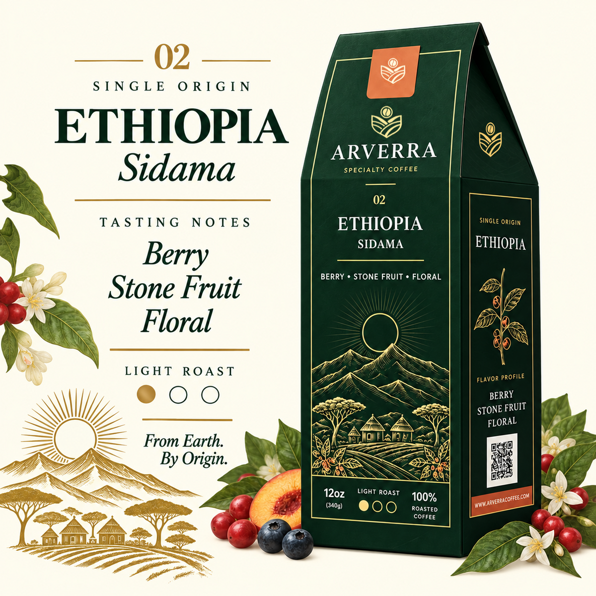 ARVERRA Origin 02 Ethiopia Sidama coffee packaging and tasting notes of berry, stone fruit and floral