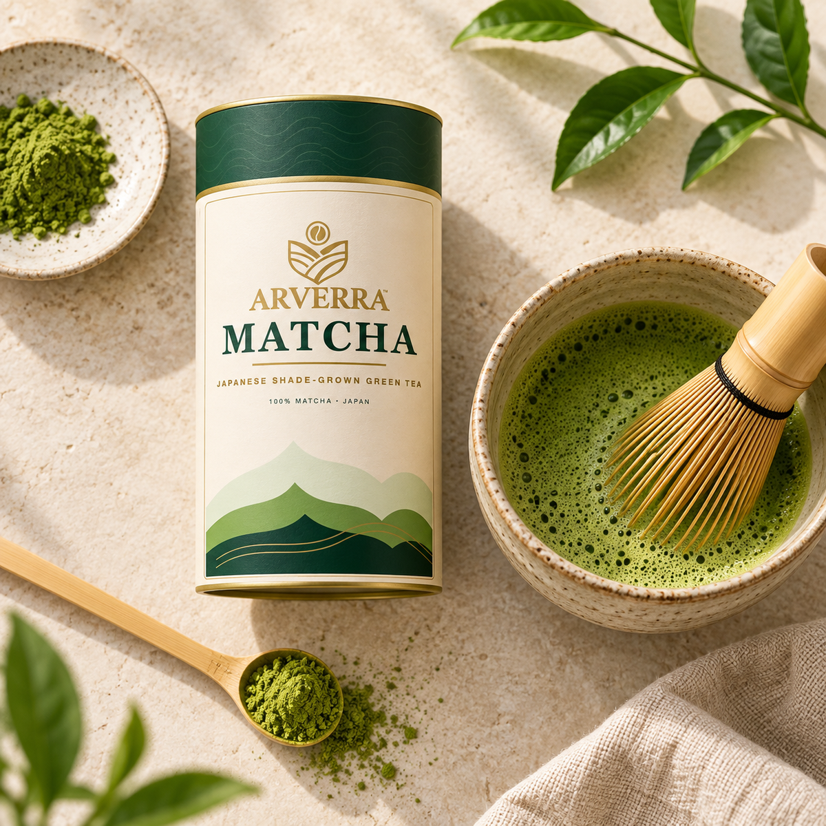 ARVERRA ceremonial Japanese matcha tin with a bowl of whisked matcha and bamboo whisk