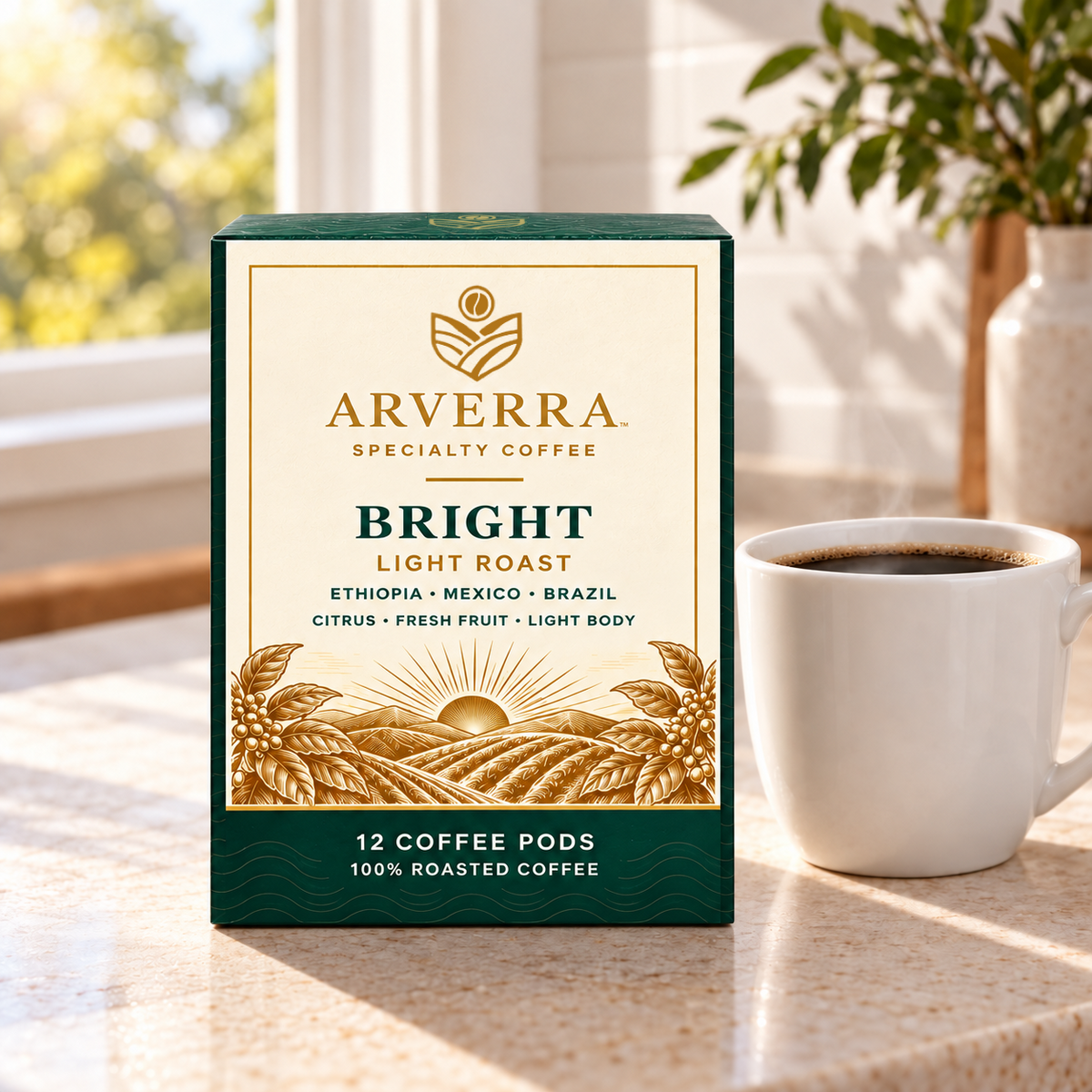 ARVERRA BRIGHT light roast coffee pods coffee pod box on a wooden counter beside a mug