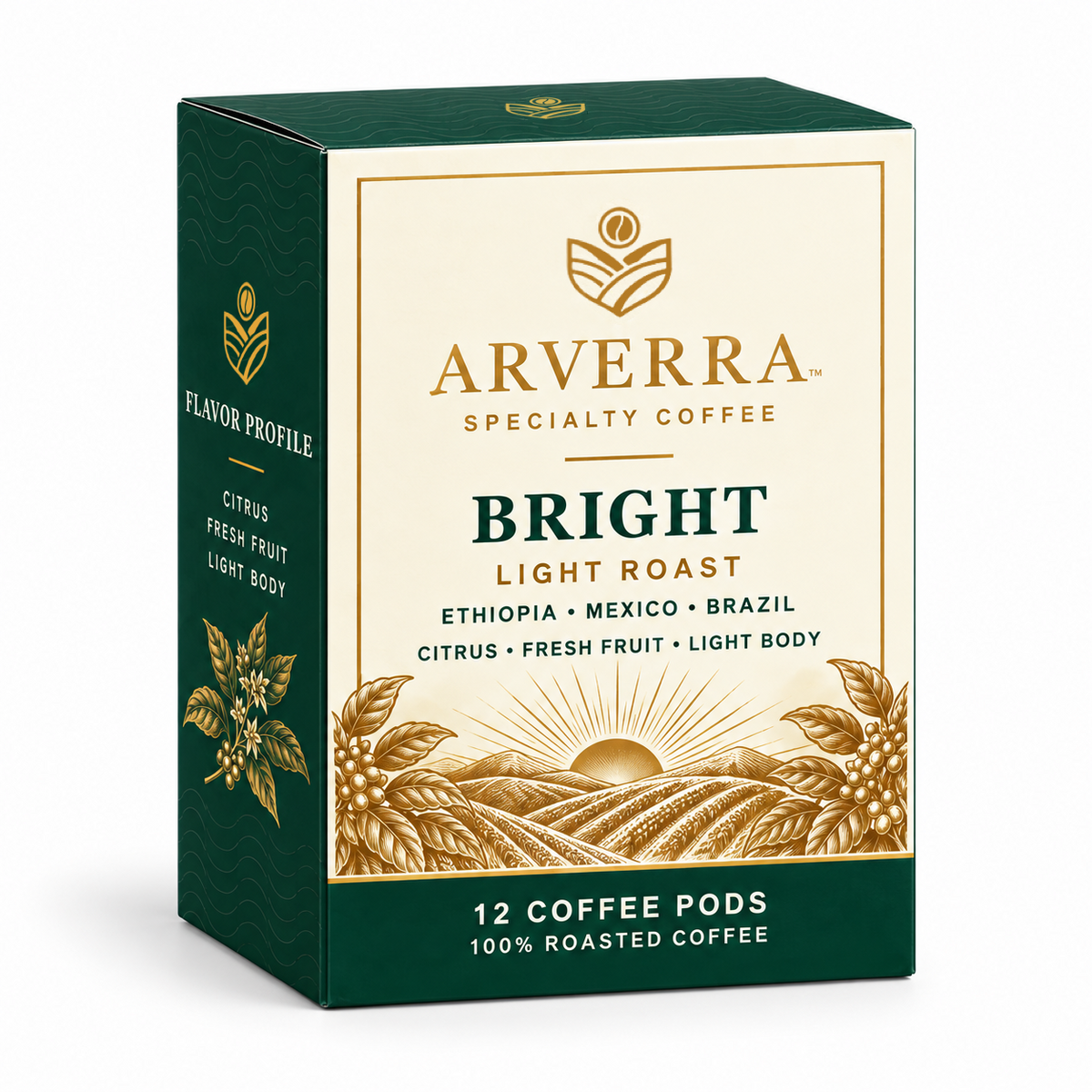 ARVERRA BRIGHT light roast coffee pods angled view of the light roast coffee pod box