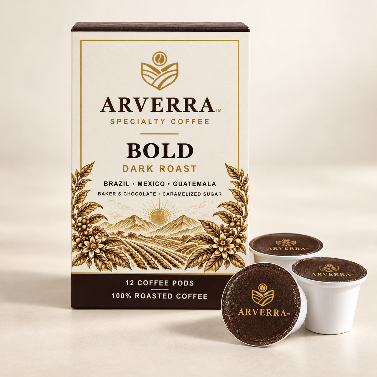 ARVERRA BOLD dark roast coffee pods 12-count box with individual coffee pods
