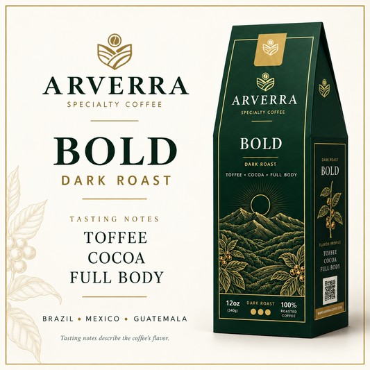 ARVERRA BOLD dark roast coffee packaging and tasting notes of toffee, cocoa and full body