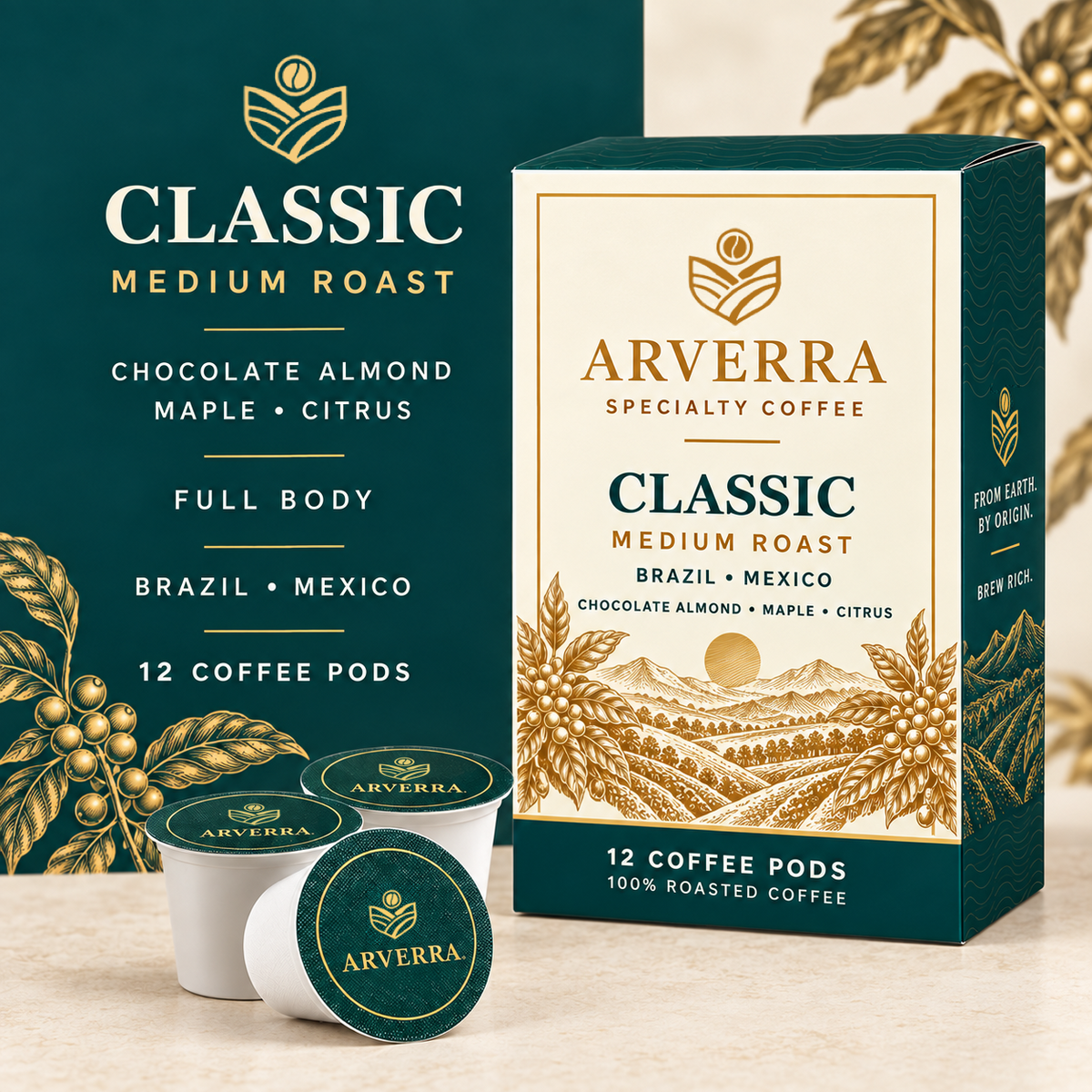 ARVERRA CLASSIC medium roast coffee pods box and pods with chocolate almond, maple and citrus tasting notes