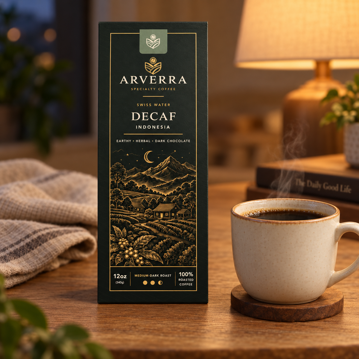 ARVERRA Swiss Water Decaf coffee box beside a mug in a warmly lit room