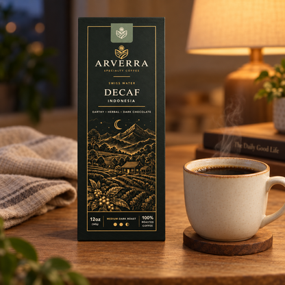 ARVERRA Swiss Water Decaf coffee box beside a mug in a warmly lit room