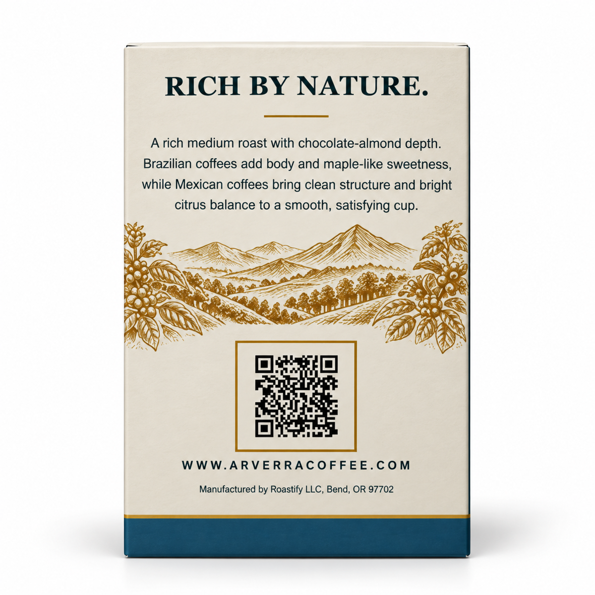 ARVERRA CLASSIC medium roast coffee pods back of the box with landscape artwork and QR code
