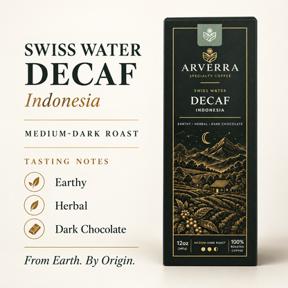 ARVERRA Swiss Water Decaf coffee packaging and tasting notes of earthy, herbal and dark chocolate