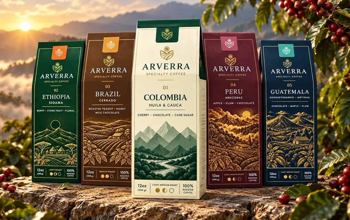 ARVERRA single-origin coffee boxes from Ethiopia, Brazil, Colombia, Peru and Guatemala at sunrise