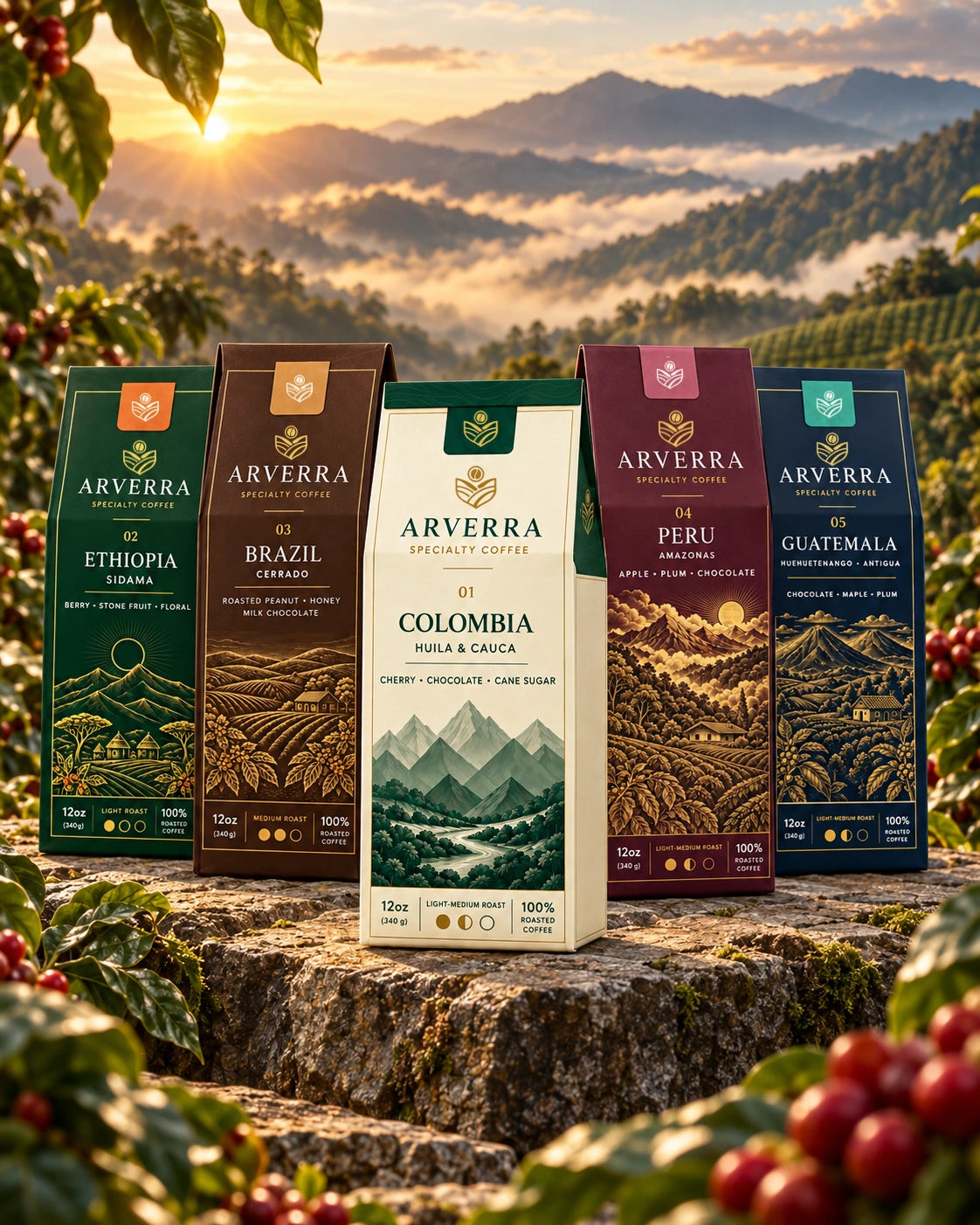 Five ARVERRA single-origin coffee boxes among coffee plants and mountain scenery