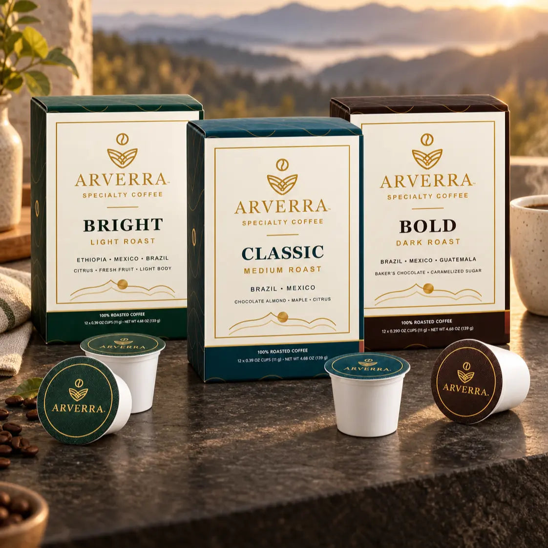 ARVERRA BRIGHT, CLASSIC and BOLD coffee pod boxes with single-serve pods